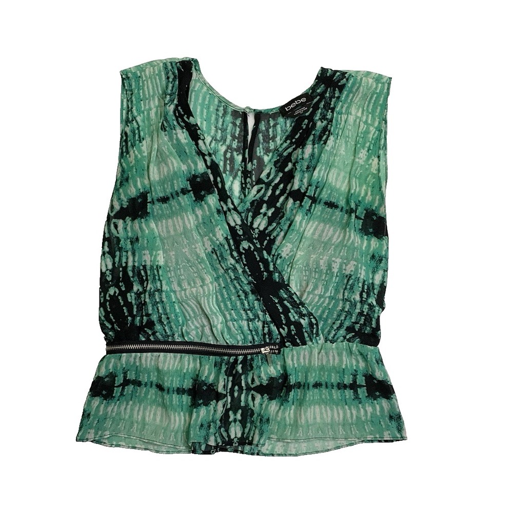 BEBE Zipper Waist Pleat Ruffle Aqua Green Women's Top Size Small